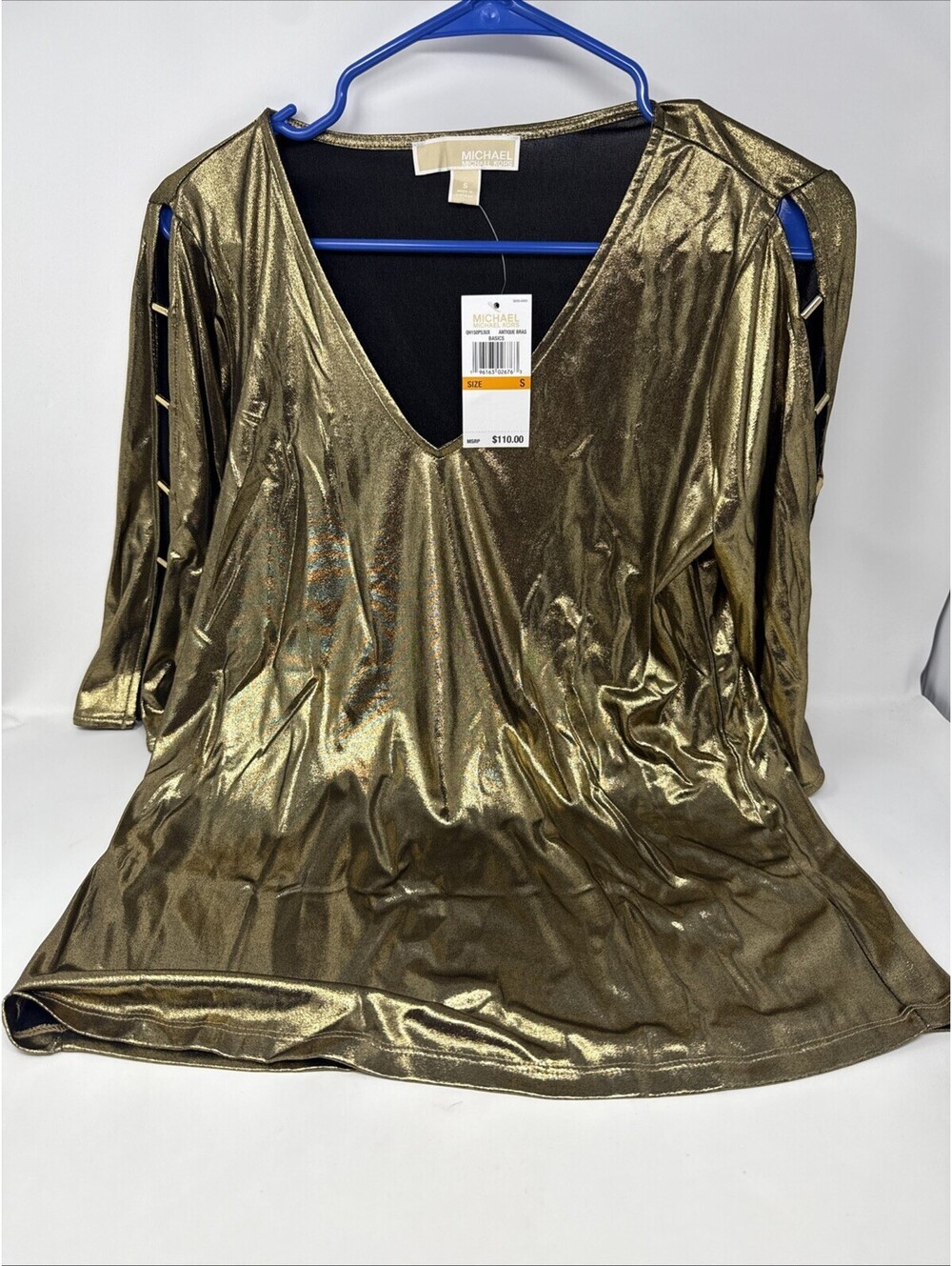 Michael Kors Shirt Womens S Gold Metallic V Neck Ladder Sleeve Party Top NWT